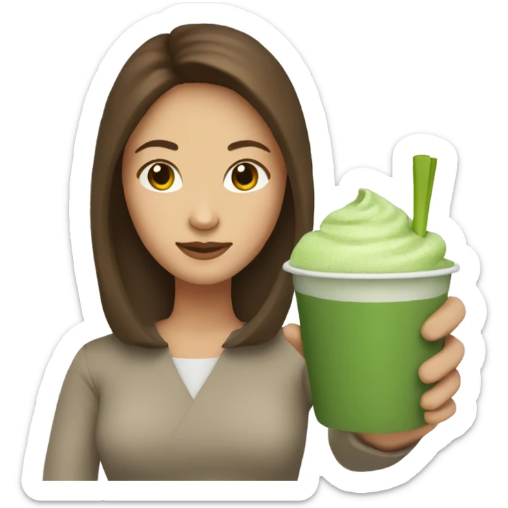 Woman with brown hair holding matcha in arm sticker