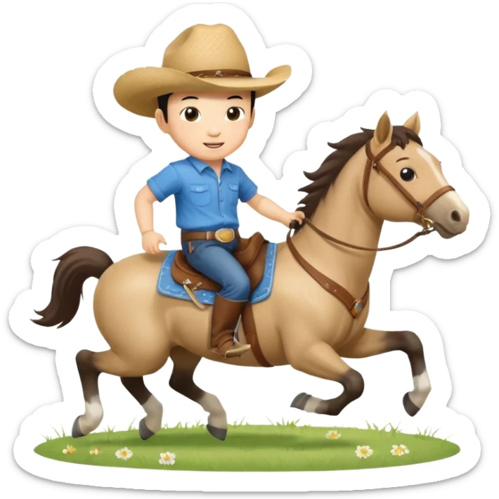 l little chinese baby boy riding on a  cute horse running on the grass with 2026 year label sticker