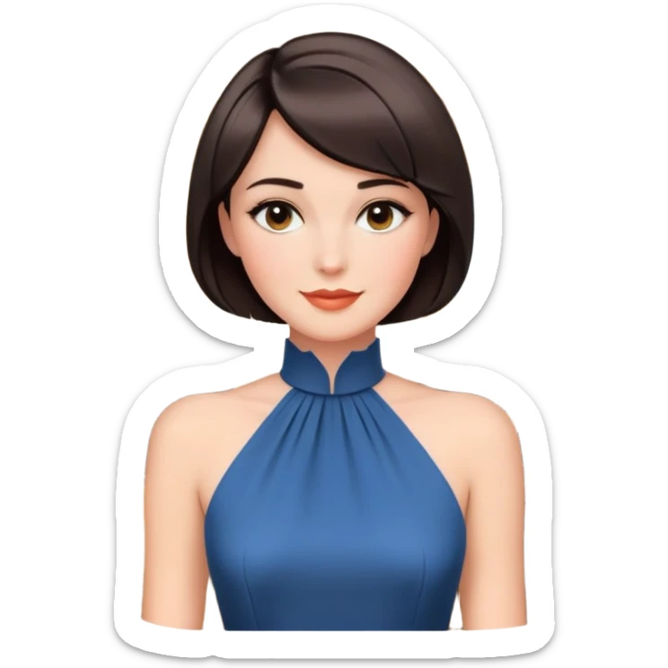 A portrait of a sophisticated woman with short bobbed hair, wearing elegant makeup and a high-neck dress. She has a soft smile, with a luxurious, classic interior setting behind her sticker