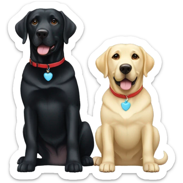 one happy adult black labradors with a red collar next to one happy adult black labradors with a light blue collar. sticker