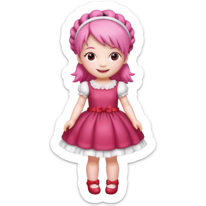 Isolated detaile illustration of the most modern raspberry torte doll figurine full body with pink hair and a hairband sticker