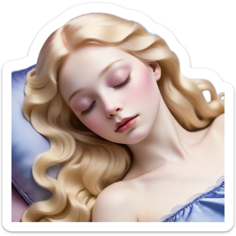 Cinematic Realistic Sleeping Beauty (Aurora) Portrait, with porcelain-like skin featuring a natural rosy flush, illuminated by soft lighting that highlights the gentle contours of her face. Her golden blonde hair flows in soft, detailed waves with subtle highlights that shimmer in the light. Her deep violet-blue eyes radiate warmth and innocence, framed by arched brows and long lashes. With a soft, serene smile, she holds a delicate rose gently in one hand, her other hand resting lightly by her side. She is dressed in her classic pink gown, the fabric rich in texture with delicate folds that catch the light. A golden crown rests atop her head, gleaming with royal refinement. The portrait captures a soft, glowing aura, blending realism with an ethereal sense of beauty and timeless enchantment. sticker