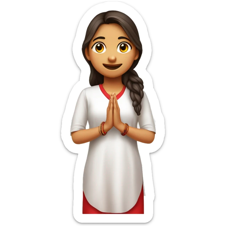 A teenage girl wearing plain white v  neck , elbow length sleeves kurty, with no designs . She is also wearing red plain modi jacket with red buttons on top of kurti. She is joining her hands a praying . Make full body  emojie sticker
