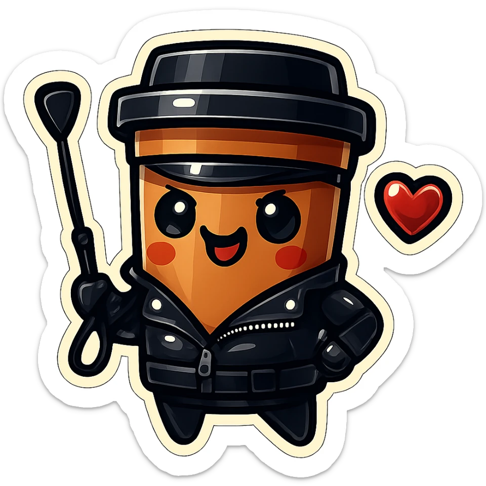 Tall coffee cup, dressed in leather holding a whipping crop, mischevious, heart sticker