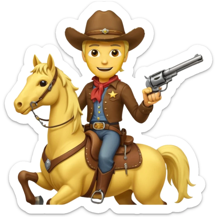 Cowboy riding a horse with revolver. Cowboy With yellow skin and smilling. I mean the face should yellow like mustard color. Simplize it and I need a full pic with horse. Like I need the leg part too sticker