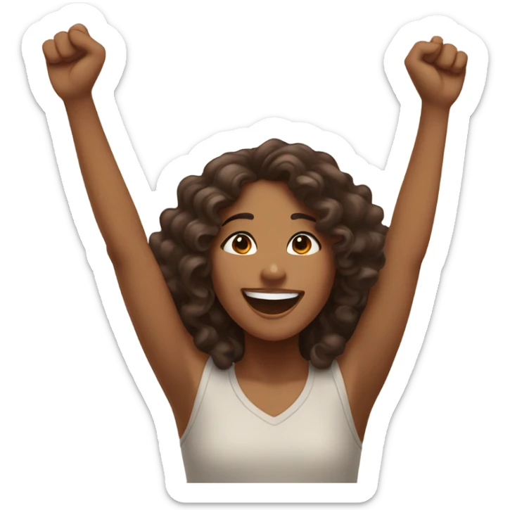 Brown girl with dark brown long curly hair saying “hooray!” sticker