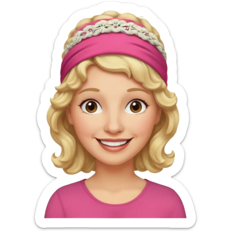 emoji of a woman in her 50s, curly blonde hair, wearing a headband, warm smile sticker