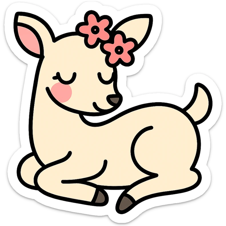feminine adult vanilla cloud doe with rosy cheeks and cherry flowers, floating gracefully, minimalist style, brand identity, social media sticker