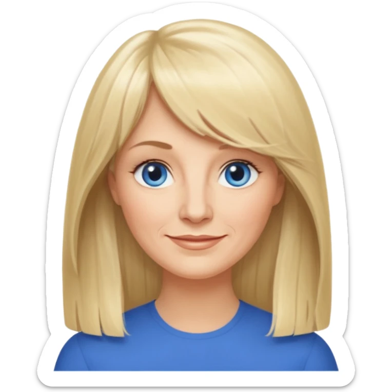 50 yr old white woman, curtain bangs, very long straight blond hair, oval face, small smile, blue eyes, thin face, hair down to elbows, round cheeks sticker