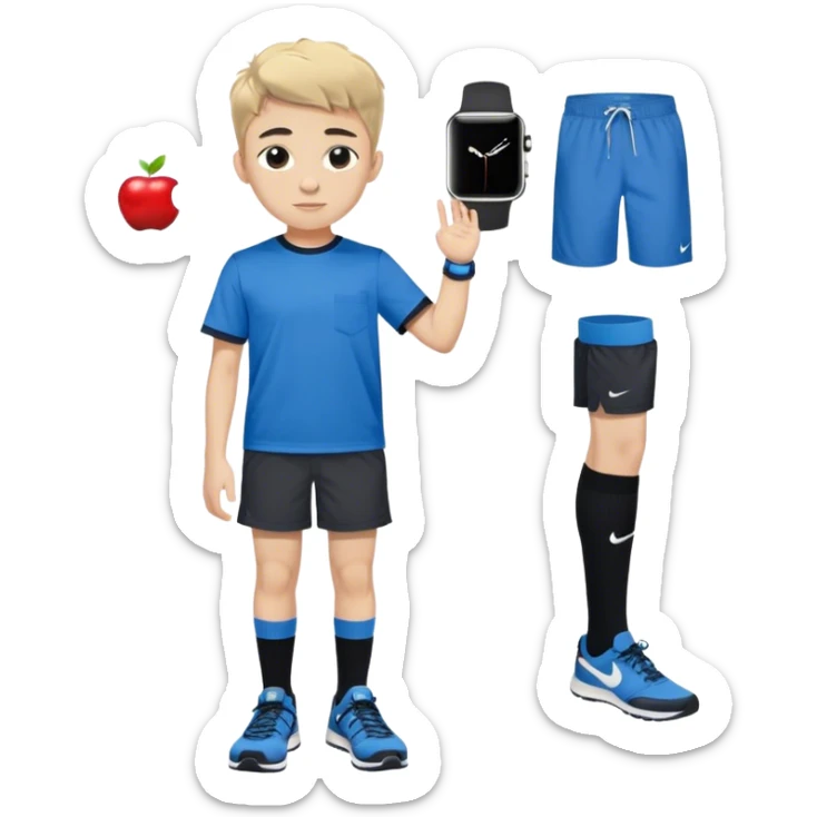 A 5.11 14 year old teen wearing black 5 inch shorts and black socks with a blue Nike shirt that goes to his waist, Birkenstocks, and an Apple Watch with a blue band sticker