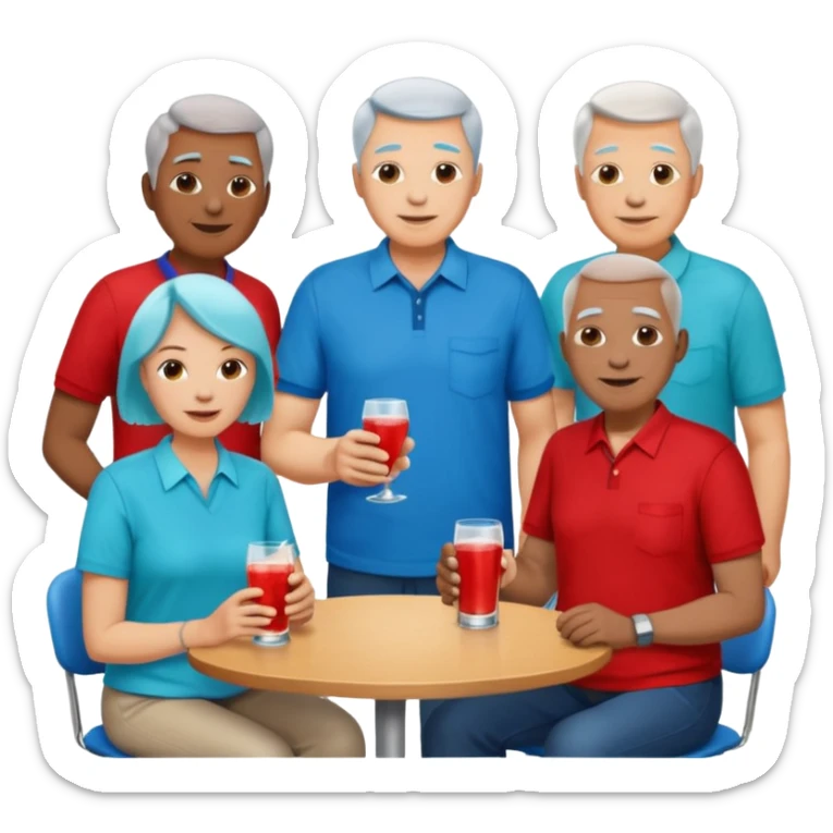 A room packed with adults and seniors in casual clothing with red, aqua and blue shirts, some with drinks, chatting at an afterwork meeting sticker
