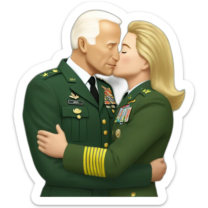 Vladimir Zelenskiy in green military clothes kissing by Joe Biden in classic suit sticker