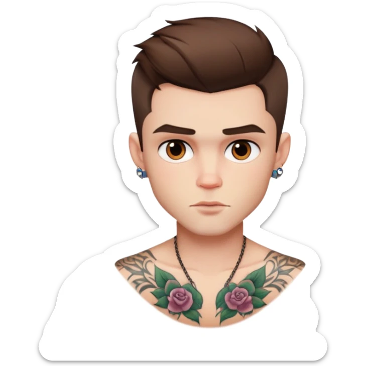 pretty handsome bratz man, short brown hair, brown eyes, pale skin, defined jawline, has tattoos sticker