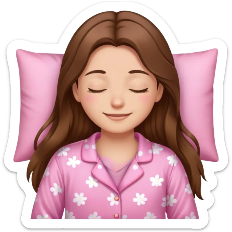 The brown long hair girl going to sleep in pink pajama with smile and closed eyes sticker