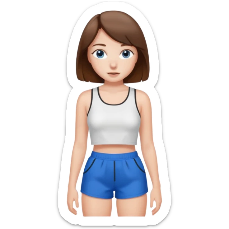Brown haired girl with bob and blue eyes and freckles and white crop top and black shorts sticker