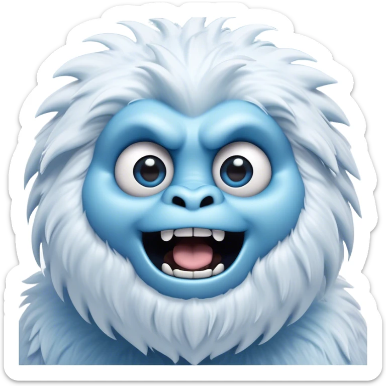 Cinematic Comical Yeti Portrait Emoji, with a cartoonishly exaggerated, fluffy figure in cool, frosty whites and icy blues, head tilted in an overly surprised expression with wide, comically sparkling eyes and a quirky, open-mouthed grin, simplified yet hilariously detailed, glowing with a soft frosty outline capturing the meme-worthy fun of a yeti in playful shock! sticker