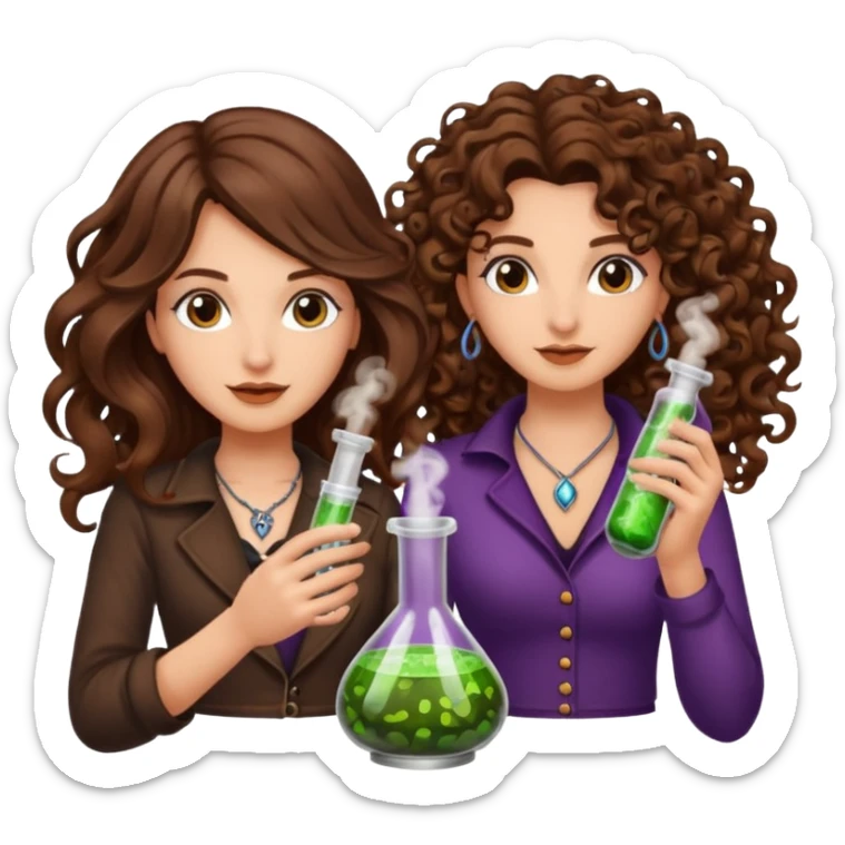 potion combo success — long wavy brown hair tattooed woman and short tight curly brown hair woman — vial connect sticker