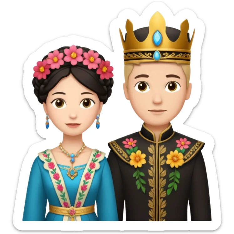 the most handsome young man in the world and the Queen of the Huerta 2024 in Murcia, both wearing traditional costumes with floral details sticker