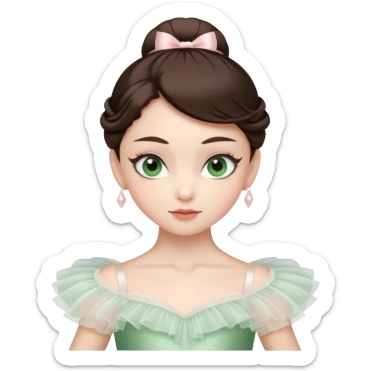 Realistic Ballerina Portrait, with porcelain-like skin featuring a natural rosy flush, illuminated by soft lighting that highlights the gentle contours of her face. Her Brunette hair flows in soft.Her deep green light eyes radiate framed by arched brows and long lashes. sticker