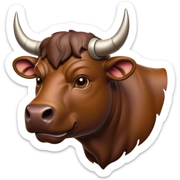 Cinematic Noble Brown Bull Portrait Emoji, Poised and regal, with a massive, muscular build and a sleek, well-groomed rich brown hide, deep-set soulful dark eyes, Simplified yet sharp and sophisticated features, highly detailed, glowing with a soft, dignified glow, high shine, intelligent and formidable, stylized with an air of strength, focused and attentive, soft glowing outline, capturing the essence of a watchful and confident guardian, so majestic it feels as though it could charge out of the screen with effortless authority! sticker