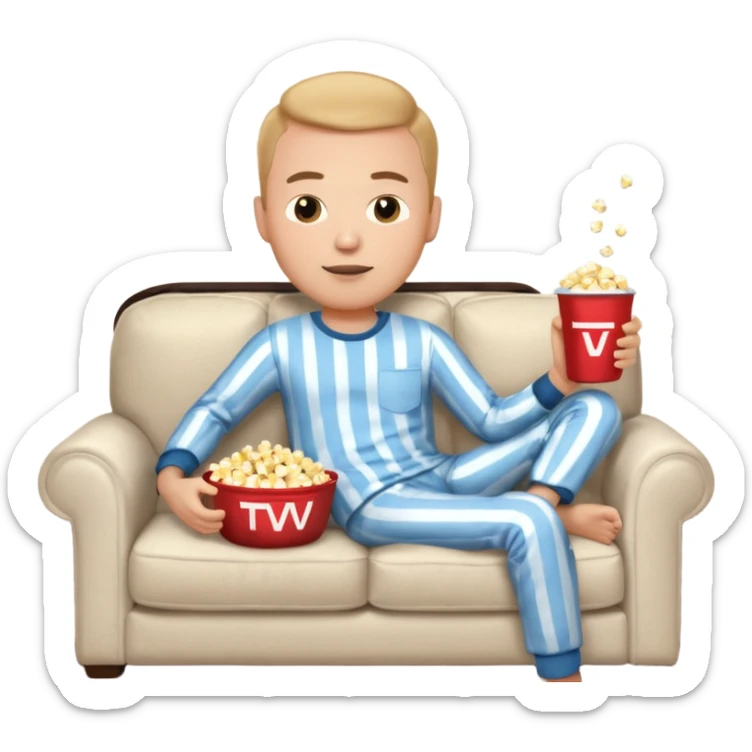 male memoji, lazy man in pajamas, lying on couch, holding TV remote, relaxed face, casual home vibe, popcorn bucket, watch tv sticker