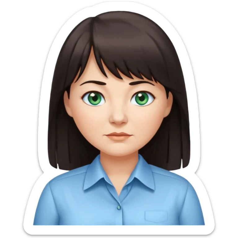 50 yr old woman, blue green eyes, long straight dark brown hair, business shirt, chubby, bangs sticker