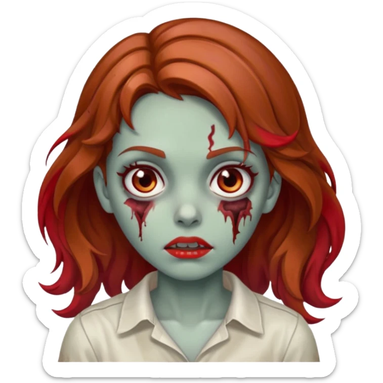 menina zumbi com cabelo ondulado, castanho meio claro meio ruivo, uma mecha vermelha e olhos castanhos  sticker