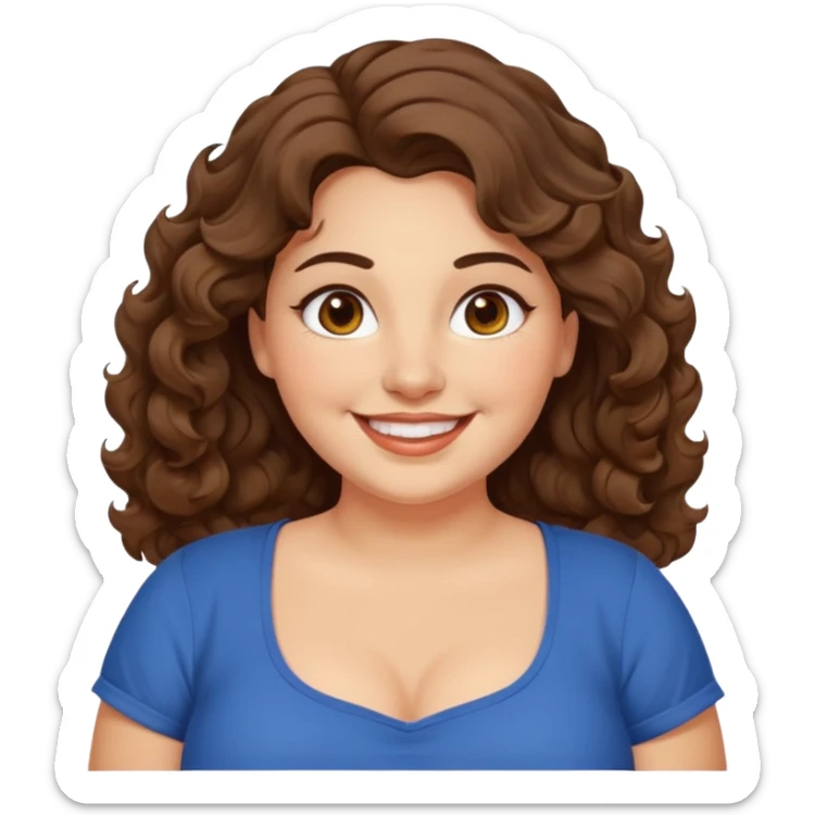 30 yr old italian woman, chubby, brown wavy hair, big brown eyes, huge smile, fancy dress, no bangs, t shirt sticker
