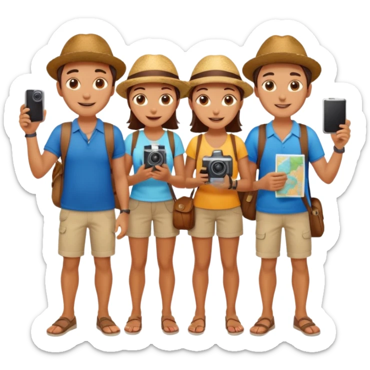 group of Italian tourists, casual clothing, holding cameras and maps, cheerful expressions sticker