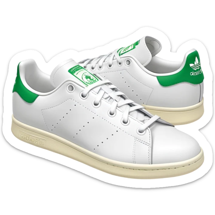 Adidas Stan Smith in white and green colorway, simple clean tennis shoe, white leather with green details, angled view, isolated sticker