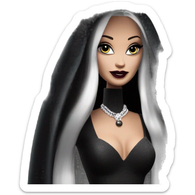Stunning in the Spotlight Barbie, teen Morticia Addams,showing off, show full body,accessories  gloves face-veil umbrella  sticker