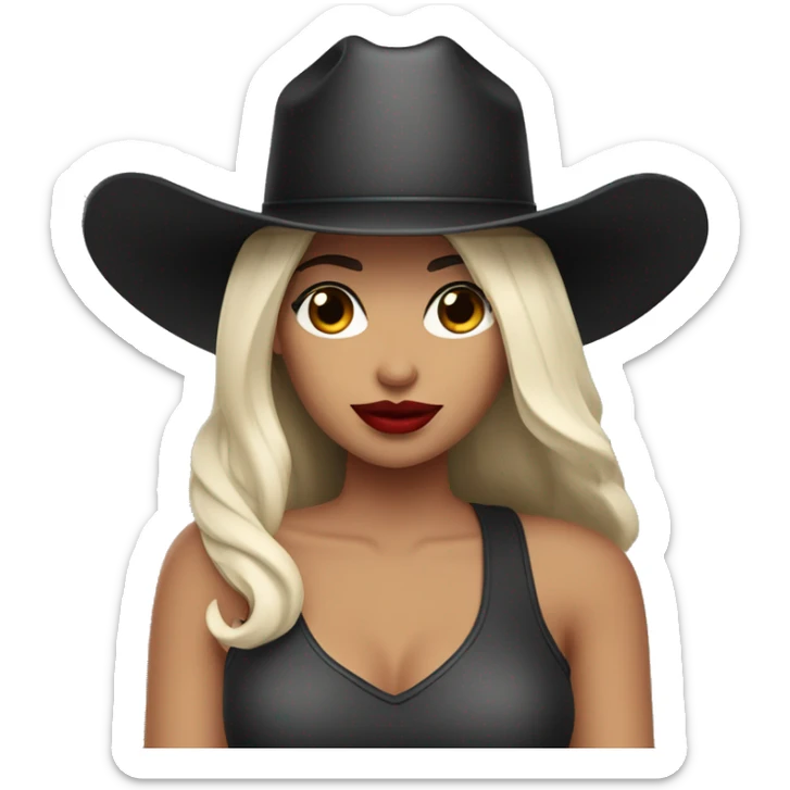 Woman with big red lips hazel eyes white skin black straight hair and a cowboy hat  sticker
