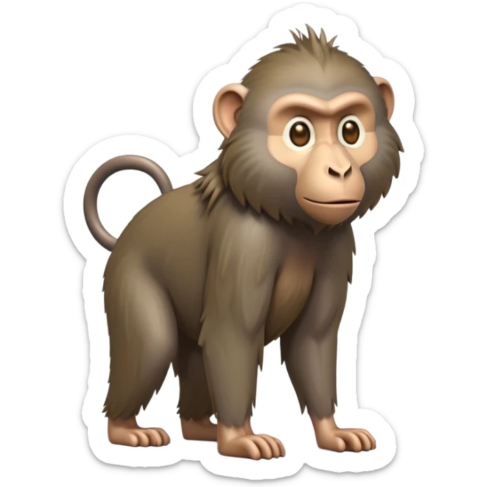 cinematic-hairy baboon-full-body-standing on all fours-emoji,-head-tilted-dramatically,-thick-grey-and-brown-fur,-simplified-yet-realistic-focused-features,-highly-detailed,-glowing-with-an-almost-sarcastic-glow expressive eyes, his top half covered in hair sticker