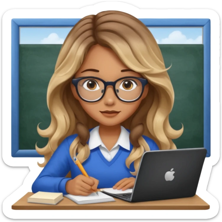 pretty female with long wavy brown hair with blonde highlights and blue eyes doing history homework  sticker
