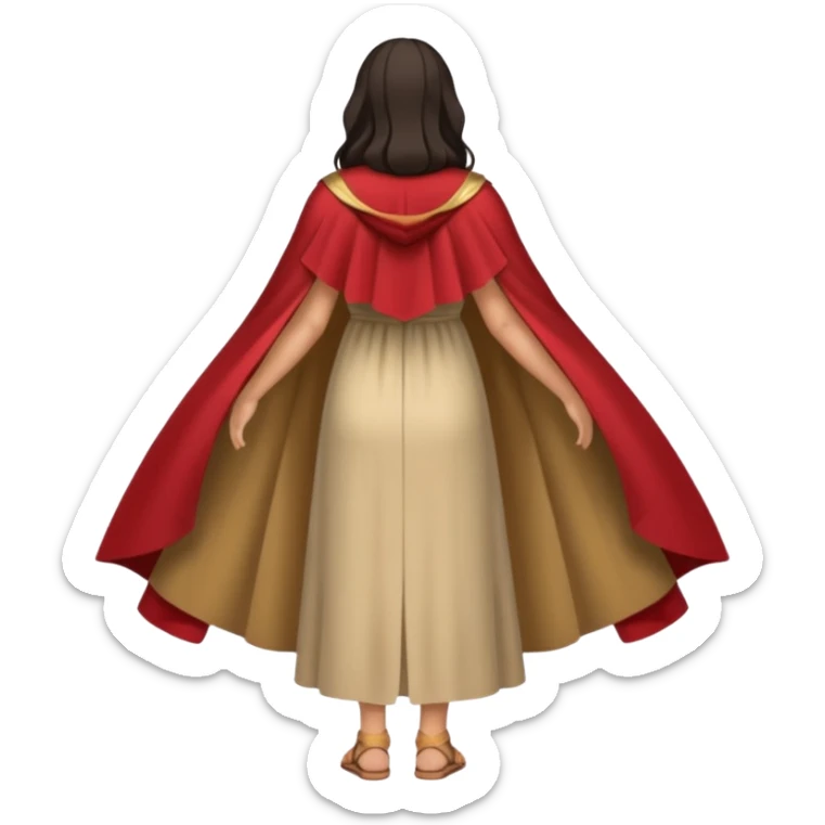 fullbody backview of Mary Magdalene, dark hair, light tan dress, cape, sandals sticker