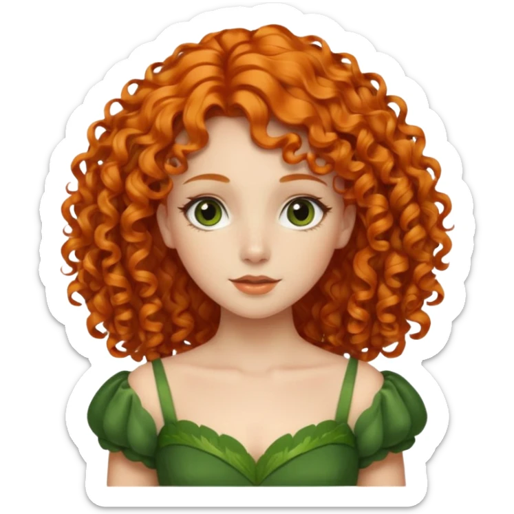 orange curly hair beautiful princess full body in leafy green dress elegant sticker