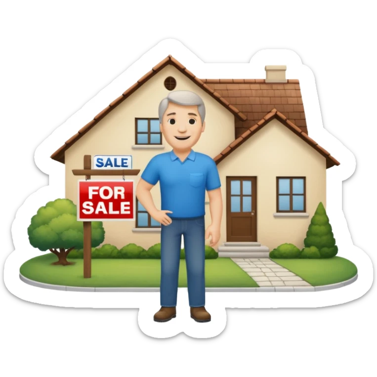 emoji de bienes y raices, un hombre y una casa en "venta for sale" sin sol sticker