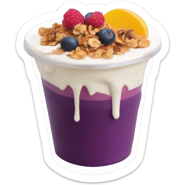 Açaí in a clear cup with layers of fruits and granola and condensed milk sticker