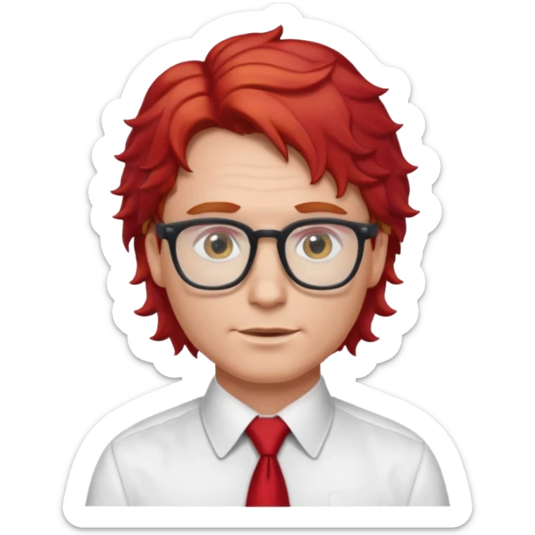 white man in white shirt, having red tie, red wavy hair, wearing glasses sticker