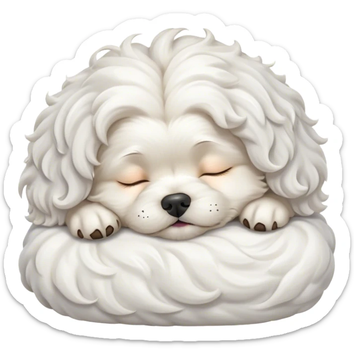 Cinematic Meme-Worthy cute Sleeping Wavy-Haired Maltese dog Portrait Emoji, Head resting peacefully with a contented smile, featuring a delightfully cute build and a luxuriously soft, wavy-haired white coat, eyes shut in a serene nap, Simplified yet hilariously adorable features, highly detailed, glowing with a soft, drowsy light, high shine, relaxed and utterly lovable, stylized with an air of playful laziness, bright and endearing, soft glowing outline, capturing the essence of a comically sleepy companion, so meme-worthy it feels like it could instantly become the next viral sensation of adorable slumber! sticker
