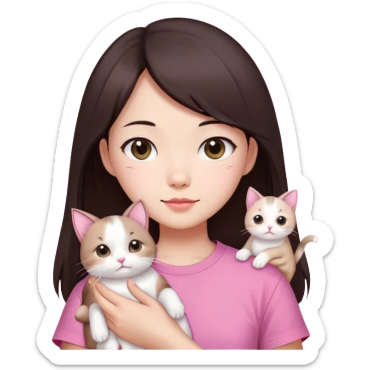 This Chinese girl has fair skin. She has long semi-short dark brown hair and is wearing a pink T-shirt. She is holding a white folded-eared cat. sticker