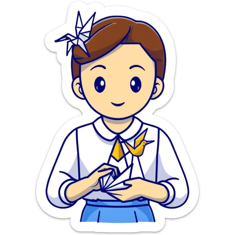 A Ukrainian young girl wearing a white embroidered shirt holds an origami yellow-blue crane sticker