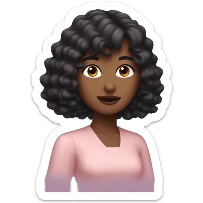 White woman with long black curly hair and bangs and dark brown eyes, wearing a pastel pink dress sticker