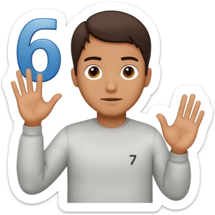 ￼ man shrugging his shoulders with six in his left hand and seven in his right sticker