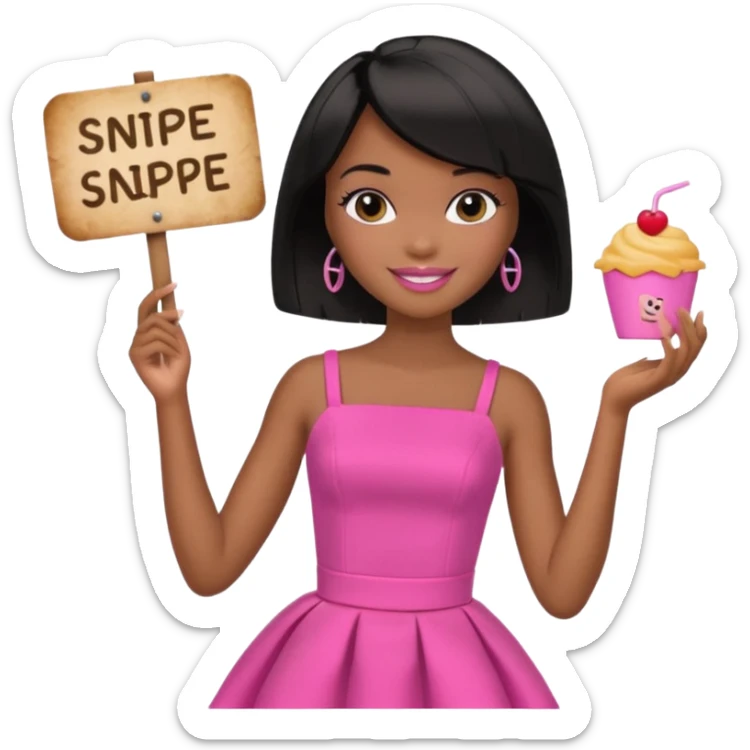 Black barbie, short  black bob  hair, pink dress eating with a sign that says snipe sticker