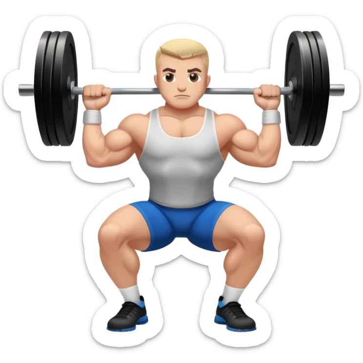 Powerlifter lifting a heavy barbell in a dramatic display of strength, muscles flexing under the pressure. The focus is on the lifter's intense effort and the heavy weights on each side. The background features a gym with weights and equipment, emphasizing the raw power of the sport.  sticker