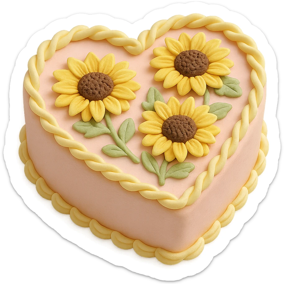 heart-shaped fondant cake with piped sunflowers sticker