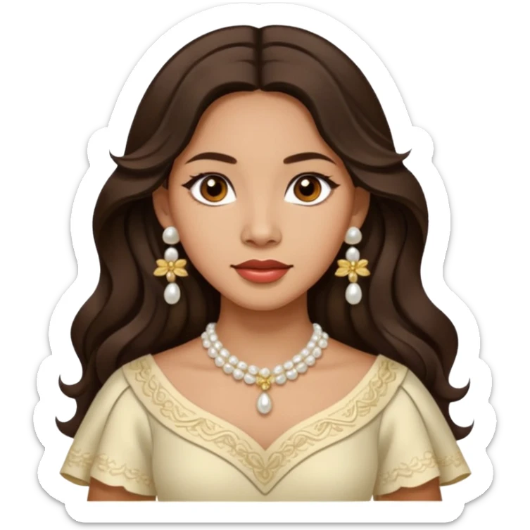 Tan Filipino woman with dark brown eyes and long dark wavy hair parted in the middle wearing a traditional filipiniana and white pearl stud earrings and no other jewelry sticker