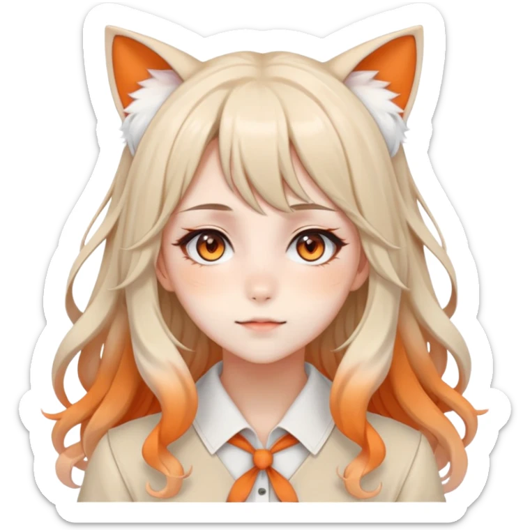 Beautiful gorgeous pretty anime lady, round ocelot ears, nekomimi, kemonomimi, long wavy whitish-beige-hair with gradient-orange tips sticker