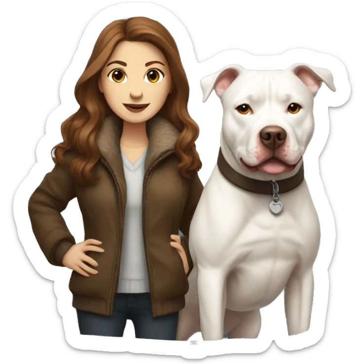 white woman with long brown hair in a furry jacket standing alongside a white pitbull sticker